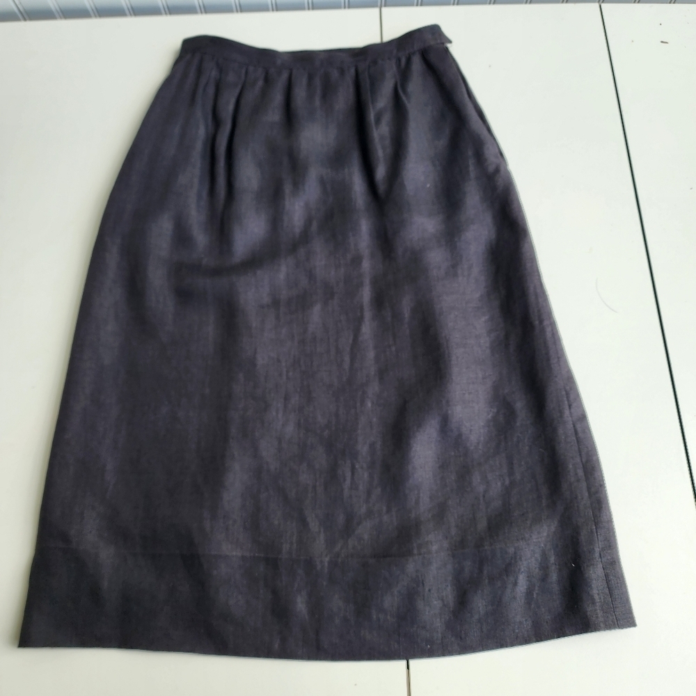 Vtg Women's Linen Midi Skirt ILGWU Black Side Zip USA Sz 12